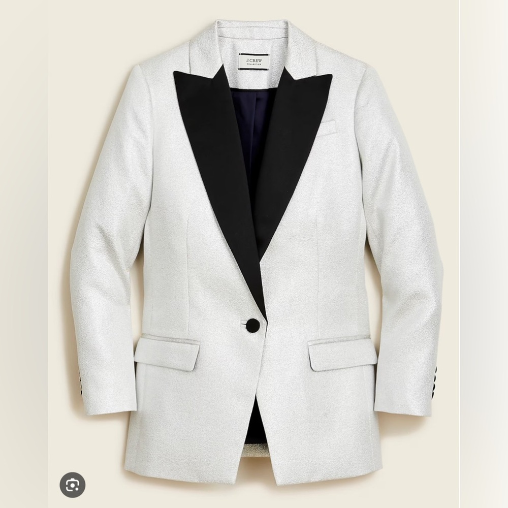 NWT J.Crew Collection Willa Tuxedo Blazer in Metallic Silver Lamé Jacket size 6